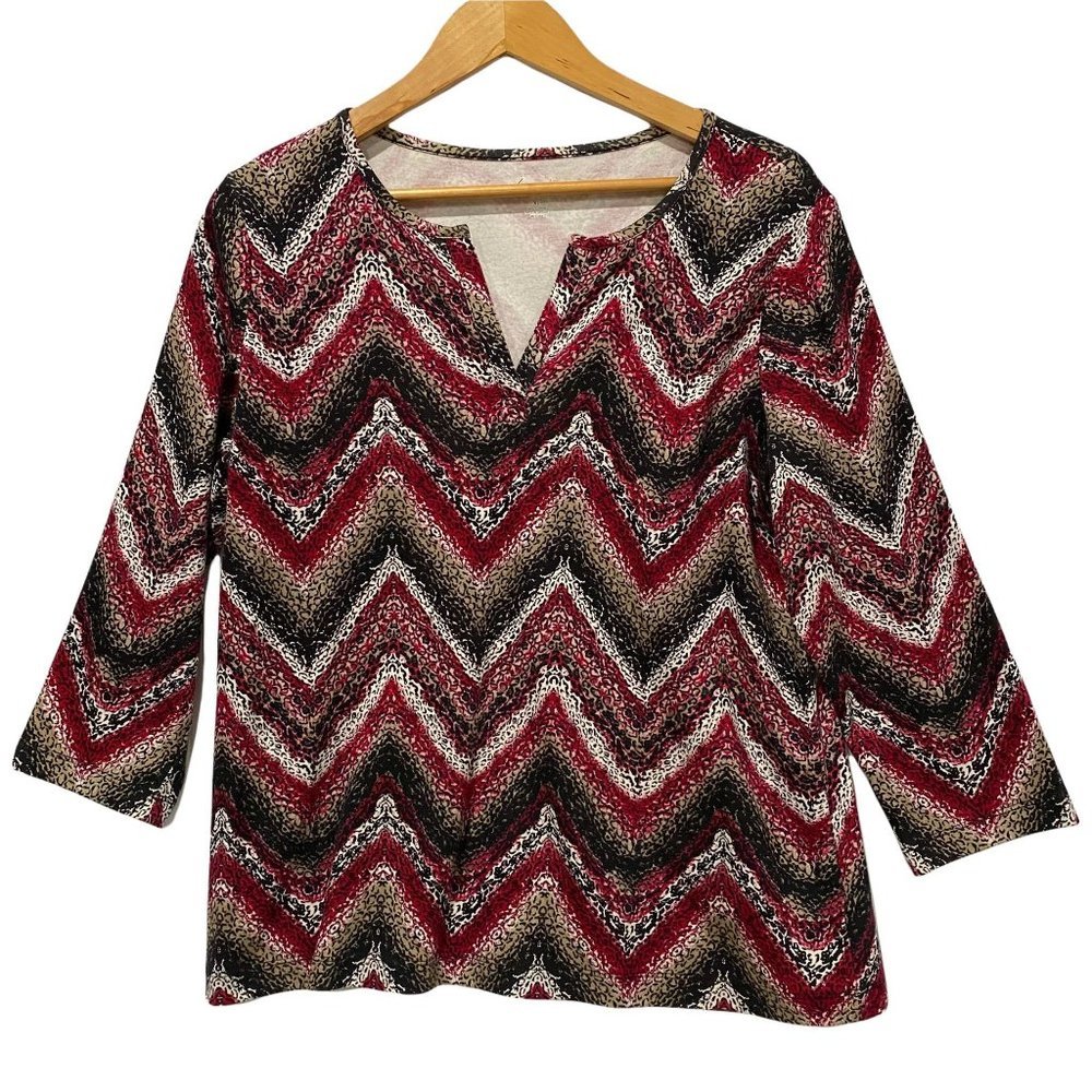 Kim Rogers pullover 3/4 sleeve blouse top sz L large maroon black chevron